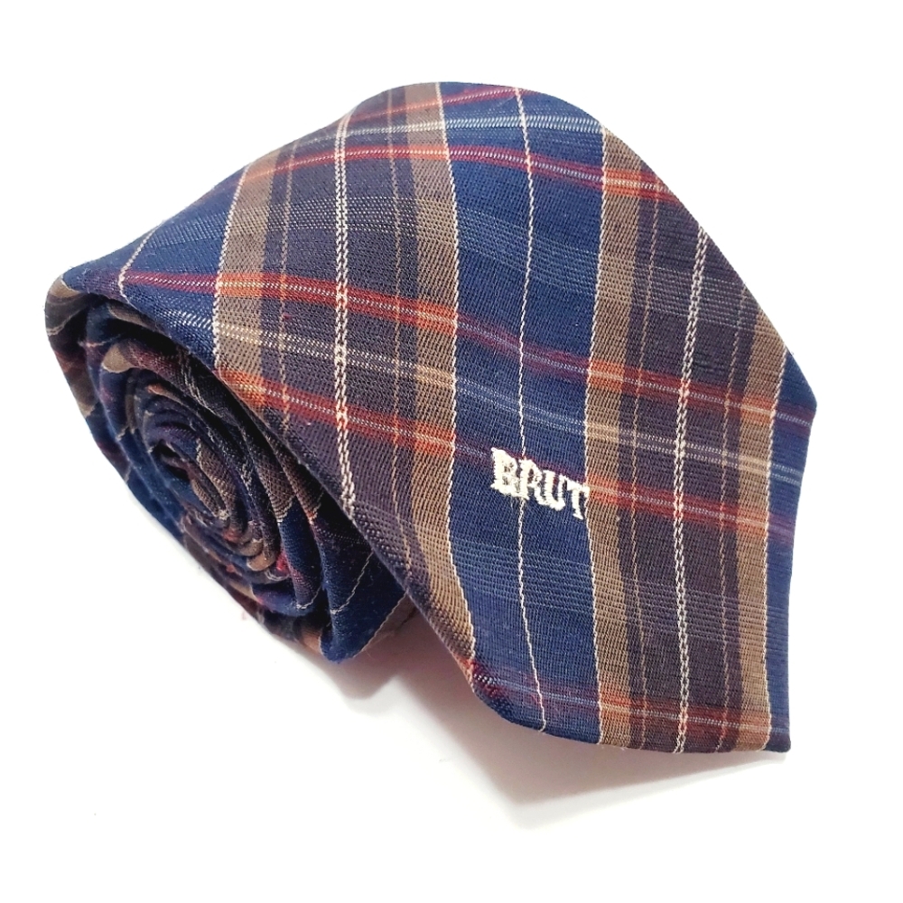 BRUT Necktie Blue Tartan Pattern Men's Vintage Neck Tie  54x3"